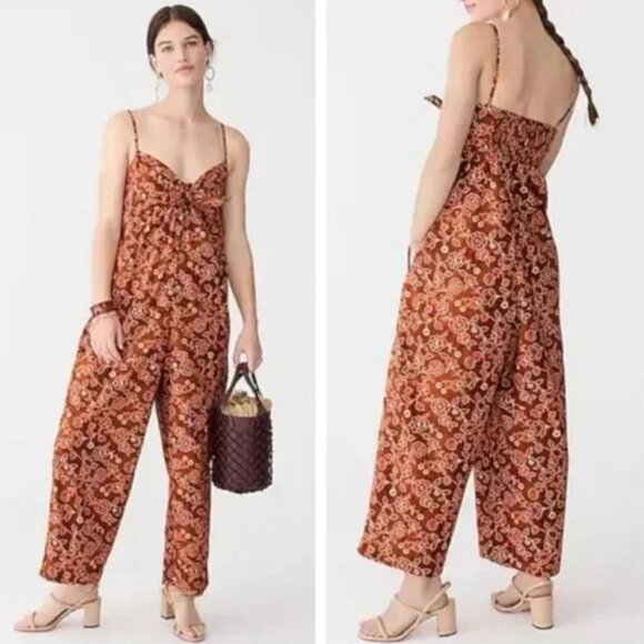 J. Crew | “Re-imagined” Tie-Front Jumpsuit in Vintage Vines Rust Brown | Size 8 - Picture 1 of 12